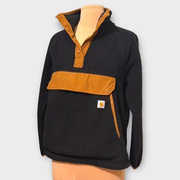 Carhartt Quarter Snap Fleece Pullover S Black Tan Relaxed Fit Jacket Teddy Women - Picture 1 of 6